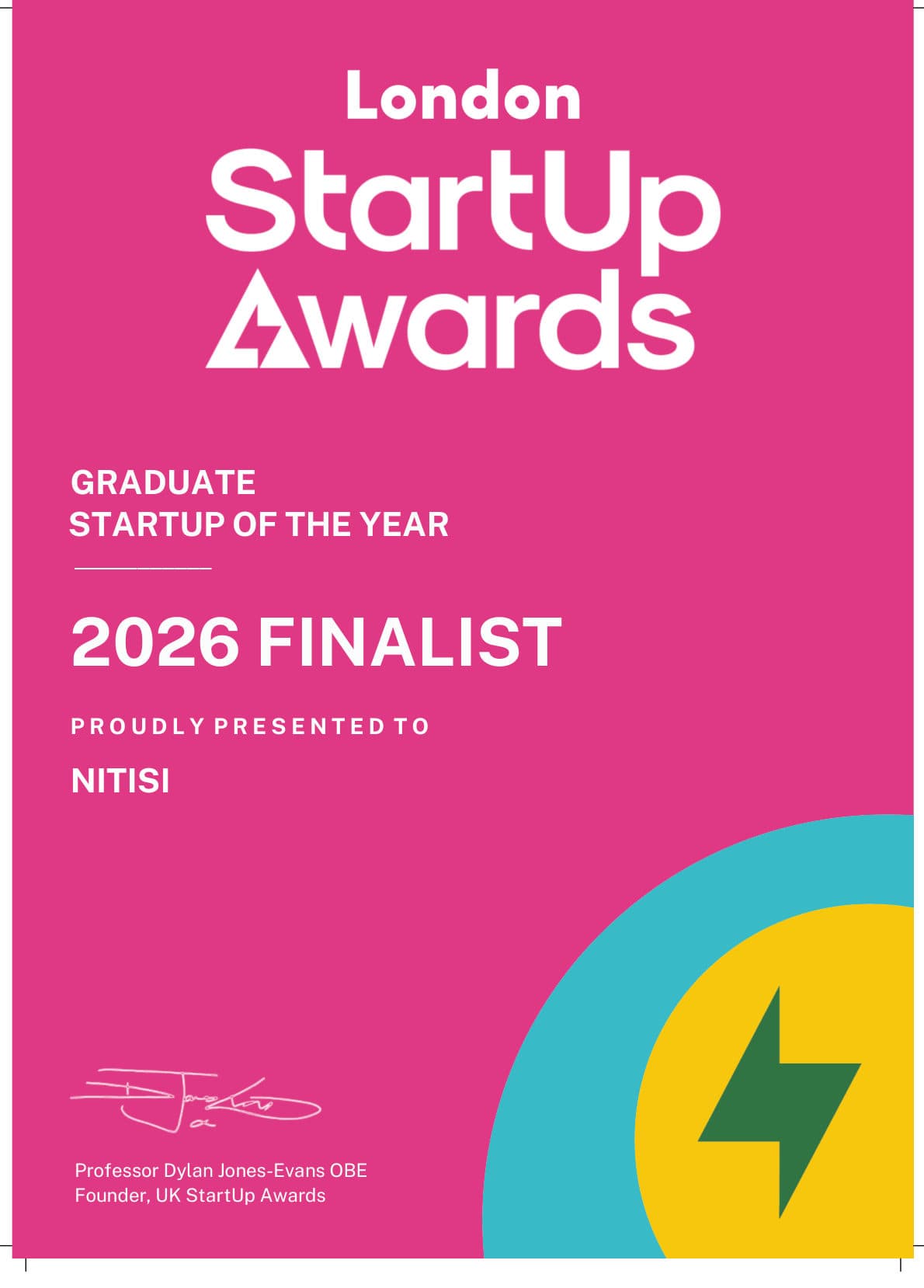 London StartUp Awards 2026 Finalist certificate — NITISI